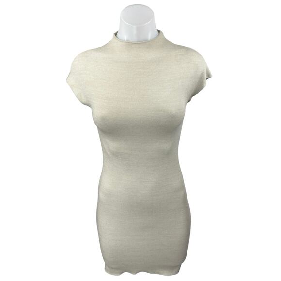 Zara Beige Cream Short Sleeve Mock Neck Knit Sweater Mini Bodycon Dress Size S - Picture 1 of 4